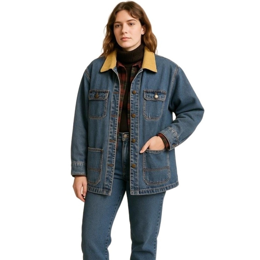 Vintage 90s Outbrook Jacket Womans 1X Denim Barn Jacket Chore Coat Plaid Lined‎